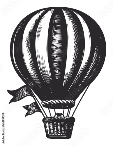 Vintage Hot Air Balloon Engraving in Classic Woodcut Style