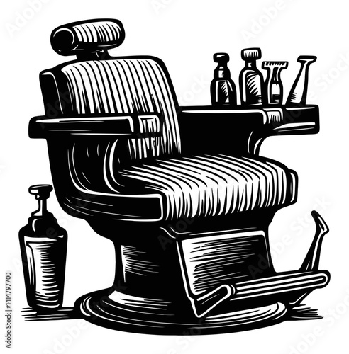 Vintage Barber Chair with Grooming Tools in Woodcut Style Design