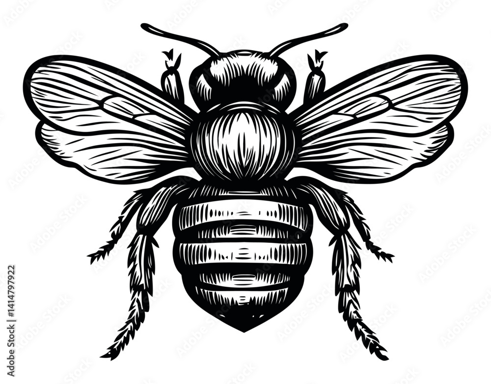 Obraz premium Detailed Woodcut Illustration of an Artistic Bee Design