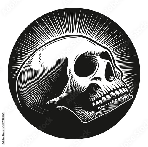Skull Engraving with Radiant Background in Vintage Style