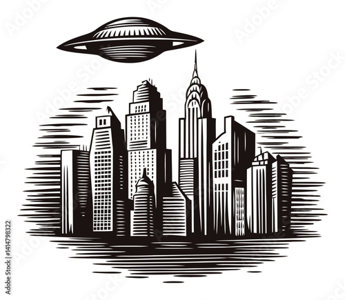 Urban Skyline with UFO in Woodcut Style Artwork Illustration
