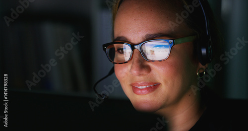 Obraz na płótnie Glasses, customer service and woman on computer at night for talking, online help and consulting. Corporate, reading and person with headset for virtual assistant, communication and b2c contact w salonie