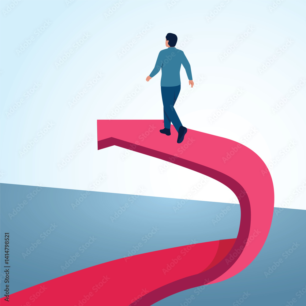 A man walking on an arrow that changes direction. A metaphorical illustration for better change, changing opportunities and business strategies. A man walking on an arrow that changes direction. A metaphorical illustration for better change, changing opportunities and business strategies.