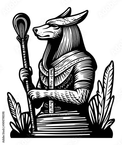 Detailed Woodcut Illustration of Anubis with Staff and Surrounding Foliage