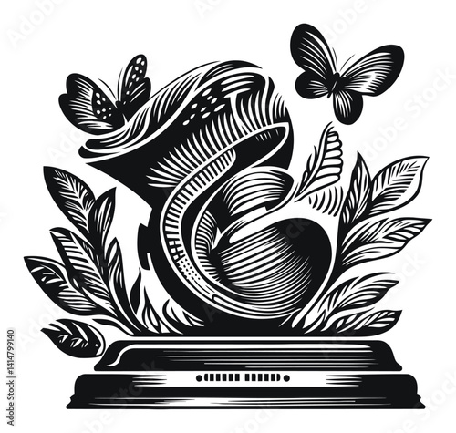 Vintage Woodcut Style Graphic with Butterflies and Floral Elements