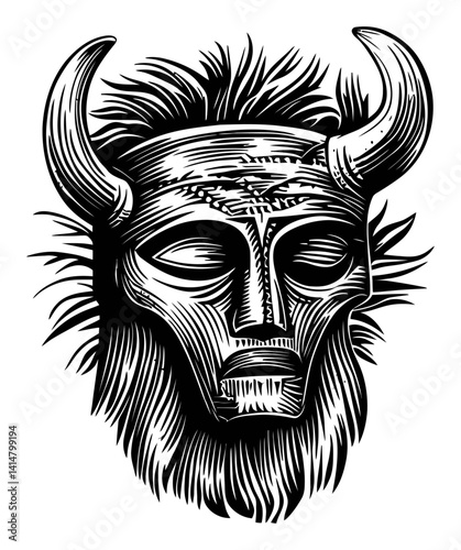 Intricate Woodcut of Tribal Mask with Horns and Textured Mane