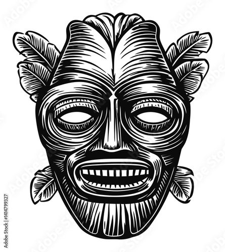 Intricate Woodcut Design of a Traditional Tribal Mask Artwork