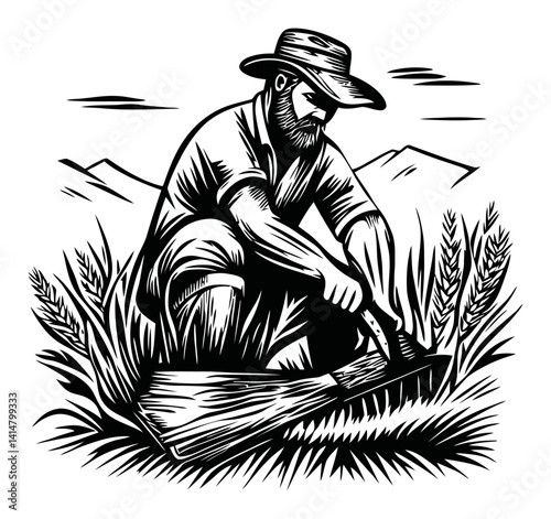 Detailed Woodcut Illustration of a Man Working in Nature