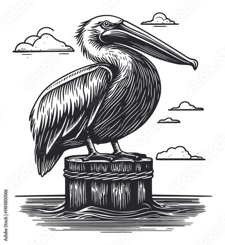 Intricate Woodcut Engraving of a Pelican on a Post with Clouds