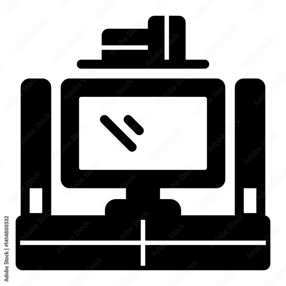 TV on table with drawers and audio system solid icon, house interior concept. Vector graphics. Television desk sign on white background, glyph style mobile or design. TV on table with drawers and audio system solid icon, house interior concept. Vector graphics. Television desk sign on white background, glyph style mobile or design.