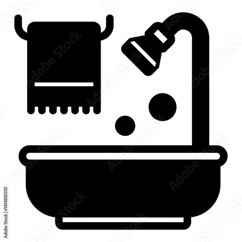 Bathtub with water and towel solid icon, house interior concept. Vector graphics. Ceramic bathtub with foam bubbles sign on white background, glyph style mobile or design.