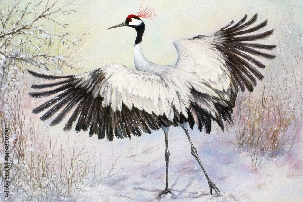 Obraz premium A red-crowned crane standing gracefully in a snowy Japanese marsh, its wings partially spread in a moment of serene stillness.