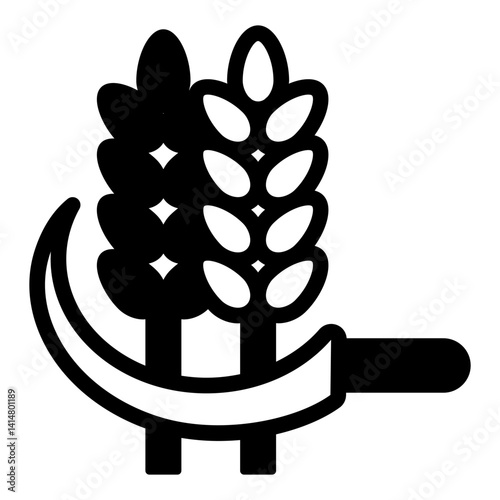 Sickle cuts ears of wheat solid icon, wheat production concept. Vector graphics. Wheat plant with sickle tool sign on white background, glyph style mobile or design.