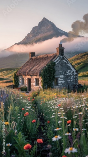 Rustic stone cottage with thatched roof surrounded by wildflowers and mountain landscape at sunrise