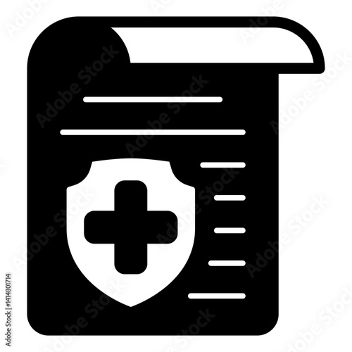 Document with shield and medical cross solid icon, human rescue concept. Vector graphics. Sheet of paper with emblem sign on white background, glyph style mobile or design.