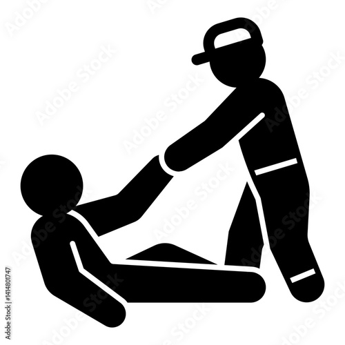 Rescuer man helps person to rise on foot solid icon, human rescue concept. Vector graphics. Lifeguard worker help, human sign on white background, glyph style mobile or design.