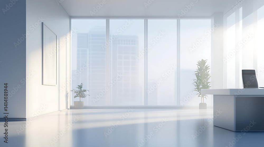 Fototapeta premium Modern white and blue open space office interior