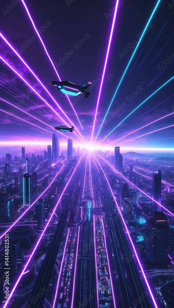 Futuristic cityscape with neon lights, flying vehicles, and glowing purple and blue laser beams at sunset
