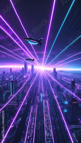 Obraz na płótnie Futuristic cityscape with neon lights, flying vehicles, and glowing purple and blue laser beams at sunset w salonie