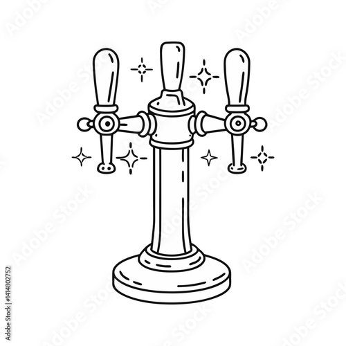 Beer tap dispenser with three handles vector, illustrated in clean black and white minimal line art style
