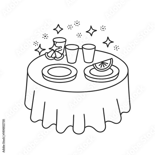 Dining table setup with plates and drinks vector, illustrated in clean black and white minimal line art style
