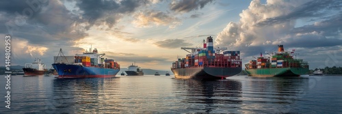 Obraz na płótnie Cargo ships loaded with colorful shipping containers anchored in a calm harbor at sunset under dramatic cloudy skies. w salonie