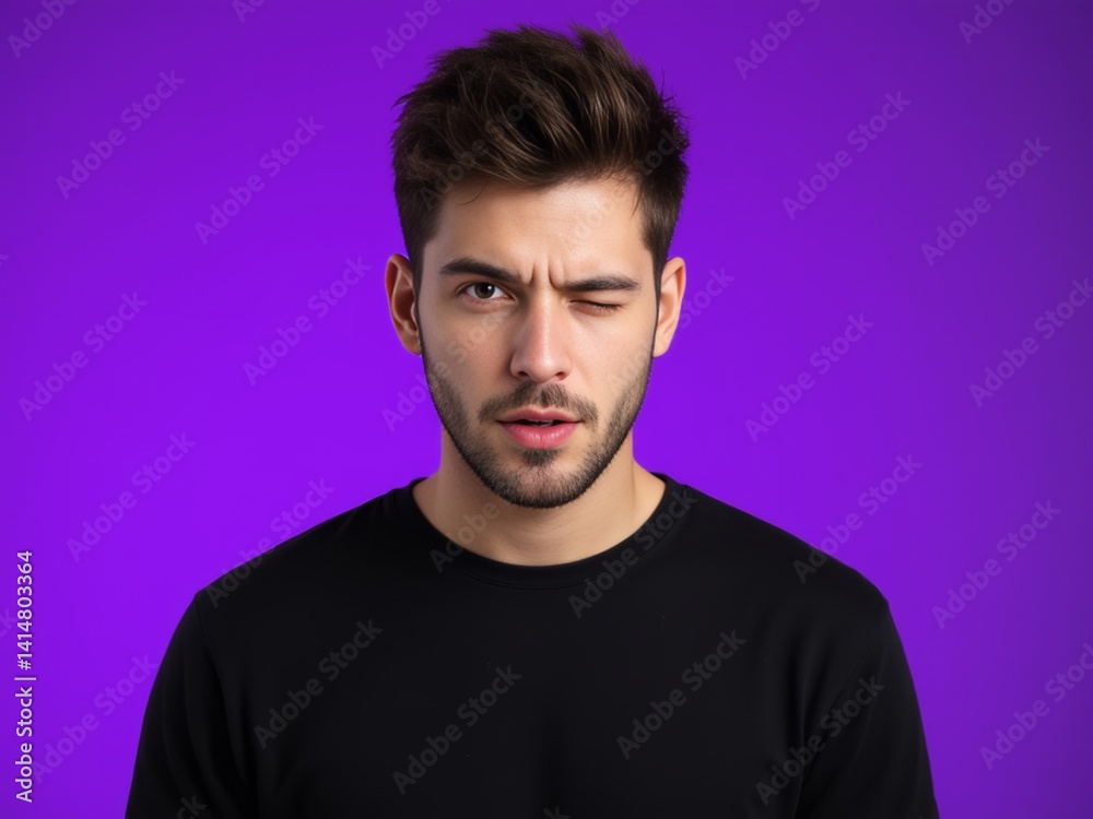Studio shot of young man winking while flirting on purple background Studio shot of young man winking while flirting on purple background