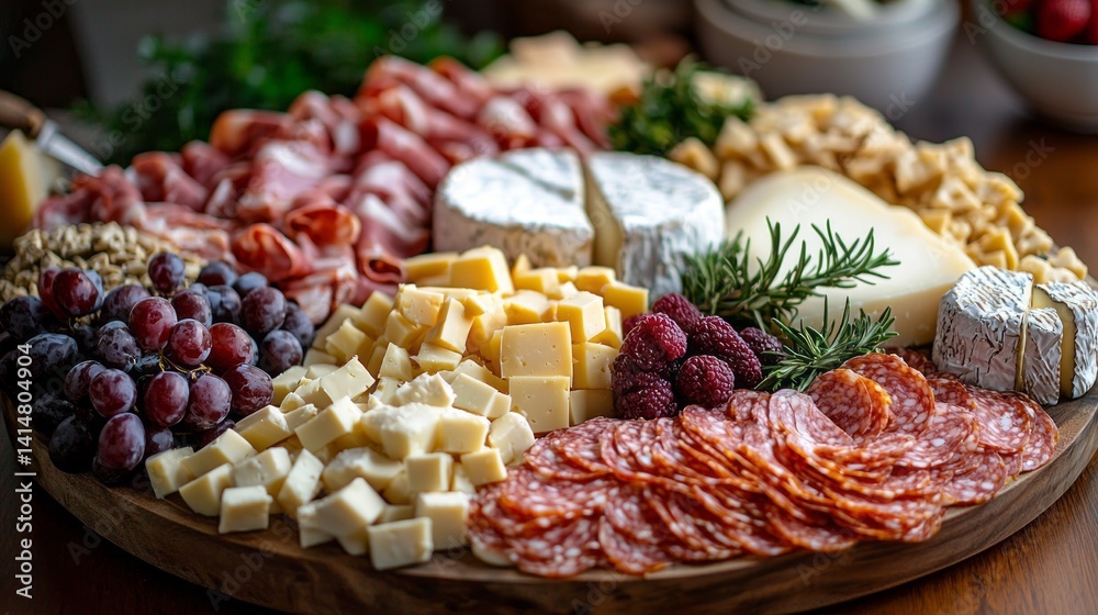 A wooden platter with a variety of meats, cheeses, and fruits A wooden platter with a variety of meats, cheeses, and fruits