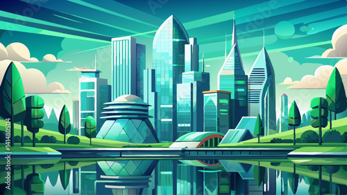 A futuristic vision of a green city with modern buildings is beautifully reflected in the calm waters of a lake, symbolizing urban sustainability
