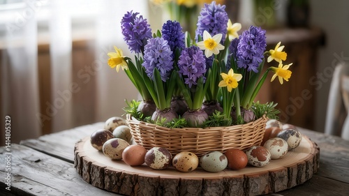 Obraz na płótnie Wicker basket with purple hyacinths and yellow daffodils surrounded by decorative Easter eggs on a rustic wooden table w salonie