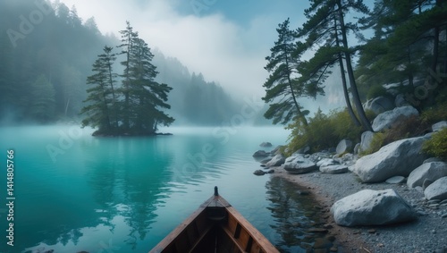 Obraz na płótnie Wooden boat on a serene turquoise lake surrounded by misty pine trees and rocky shoreline in a tranquil forest setting w salonie