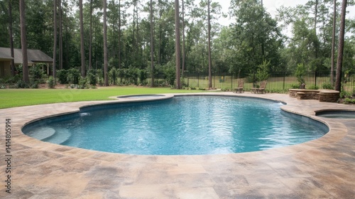 Clean backyard pool with minimal decking  soft natural light  and surrounding trees