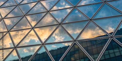 Architecture glass building facade with sky reflection modern geometric design triangle pattern exterior view