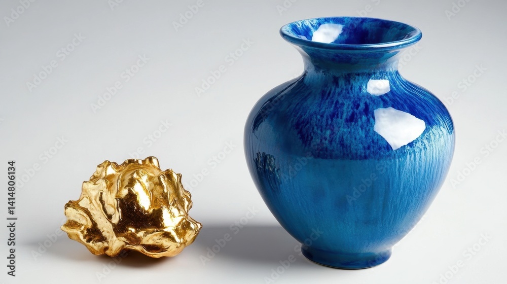 Clean visual arrangement of a cobalt blue vase and antique gold relic on white studio set Clean visual arrangement of a cobalt blue vase and antique gold relic on white studio set