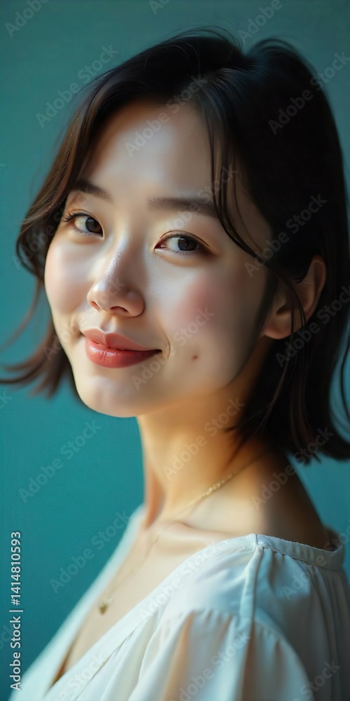 A close-up portrait of a korean woman model, bob hair style, blue studio, early twenties, blush on her cheeks gloss on her lips. She wears a simple, light sleeveless top.