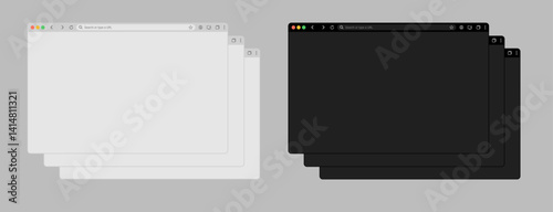 Browser window website mockup template with frames for PC, laptop, tablet, and mobile. Includes Light and Dark modes for UI and web design presentations. Vector illustration.