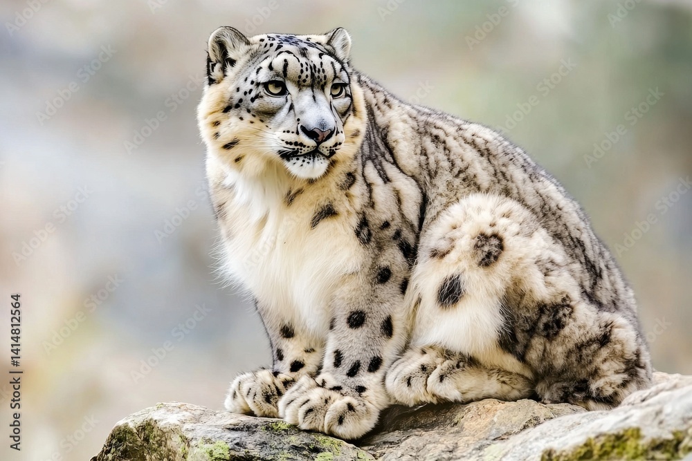 Fototapeta premium A snow leopard perched on a rocky ledge in the Himalayas, its fur blending perfectly with the rugged terrain