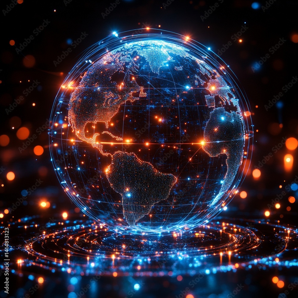 Global Digital Network with Lights Connecting Continents Global Digital Network with Lights Connecting Continents