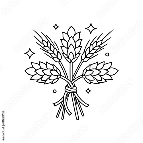 Bundle of barley and hops vector tied with rope and sparkles, in clean black and white minimal line art style
