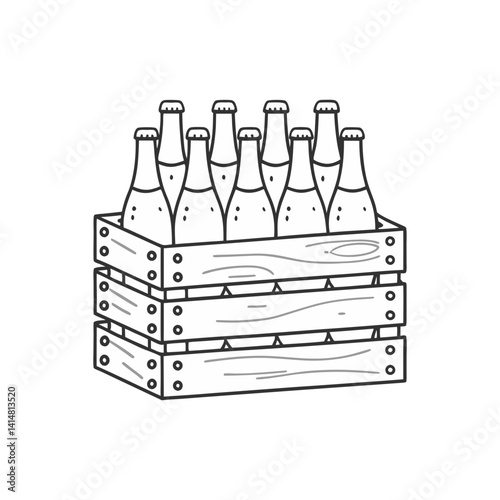Beer bottles in wooden crate vector, illustrated in clean black and white minimal line art style
