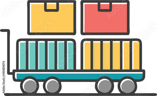 Cartoon Hand Truck with Yellow and Red Boxes on a Transparent Background
