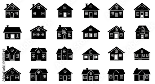 Houses exterior black glyph vector icons set