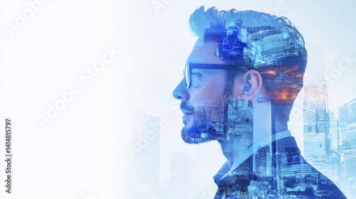 confident man in profile with city skyline overlay, symbolizing ambition and innovation