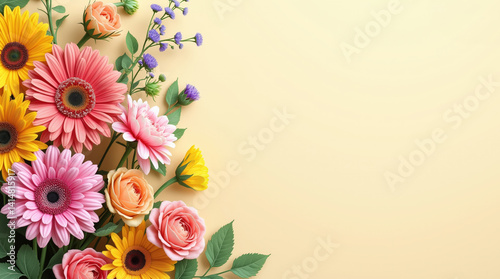 Floral banner template with colorful realistic flowers on left and empty space for text on soft beige background. Useful for invitations, greeting cards, ads, and seasonal promotions.