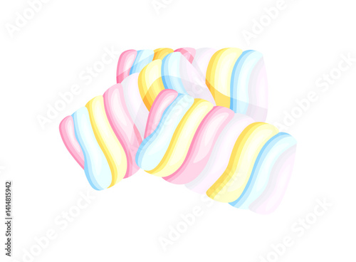 Twisted sweet marshmallows in cartoon style. Vector illustration of delicious fluffy marshmallows isolated on white background. Dessert. Confectionery. Marshmallows twisted in colorful spirals.