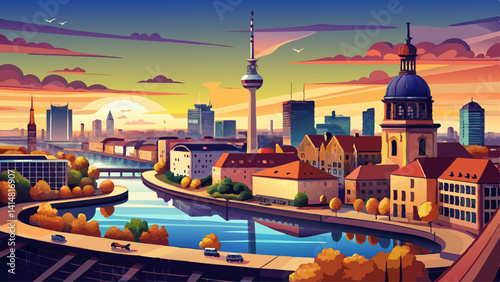 Berlin skyline panorama with TV tower and Spree river at sunset, Germany