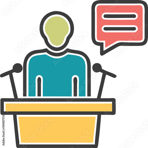 Colorful Faceless Person at Podium With Microphones and Speech Bubble