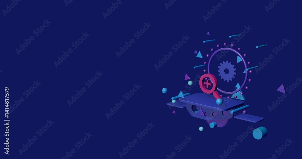 Obraz premium Pink zoom in symbol on a pedestal of abstract geometric shapes floating in the air. Abstract concept art with flying shapes on the right. 3d illustration on indigo background