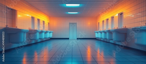 Neon-lit restroom  tiled floor  doors  sinks