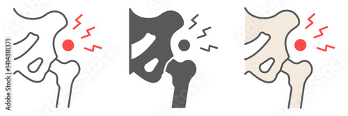 Hip pain icon collection, osteoarthritis and injury, hip dysplasia vector icon set, vector graphics, editable stroke outline sign, eps 10